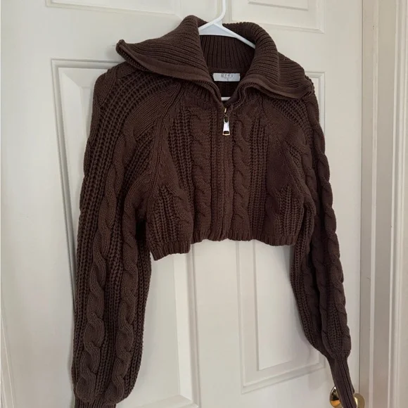 Grey Bandit Brown Cable Knit Cropped Zip Up Cardigan - Picture 3 of 7